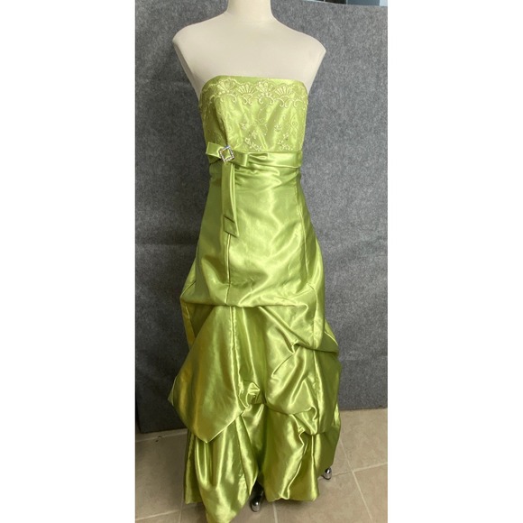 Vintage Jessica McClintock Gunne Sax Strapless Lime Green Satin Prom Gown USA 7 - Picture 1 of 16